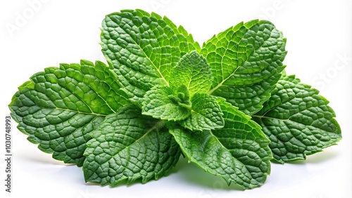 Isolated fresh mint leaves on white background, bird eye view