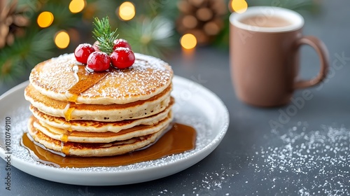 Cozy and Inviting Winter Holiday Breakfast Scene with Homemade Pancakes Drizzled in Maple Syrup Steaming Mugs of Hot Chocolate and Festive Kitchen Decor