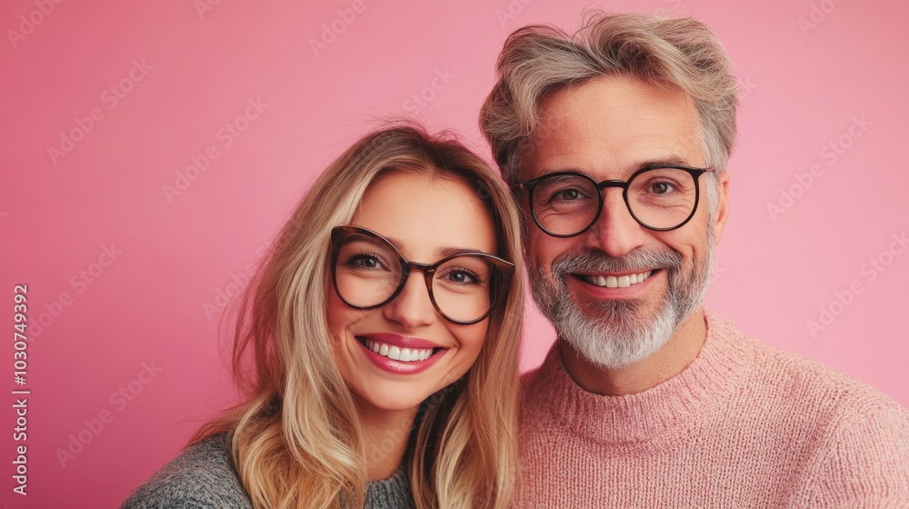 Happy couple posing against pink background Happy couple posing against pink background