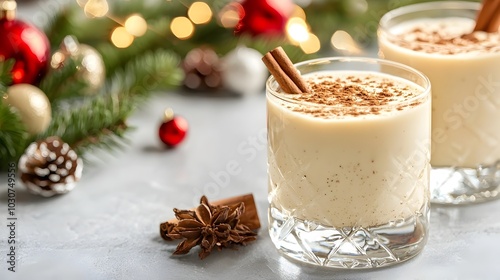 Traditional eggnog served in elegant crystal glasses garnished with freshly grated nutmeg and cinnamon displayed on a beautifully set holiday table ready to be enjoyed during a festive