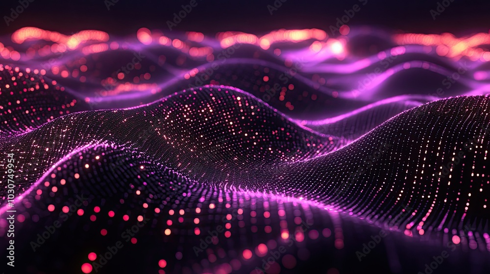 Abstract 3D grid of glowing nodes and waveforms representing the evolution of technological processes Abstract 3D grid of glowing nodes and waveforms representing the evolution of technological processes