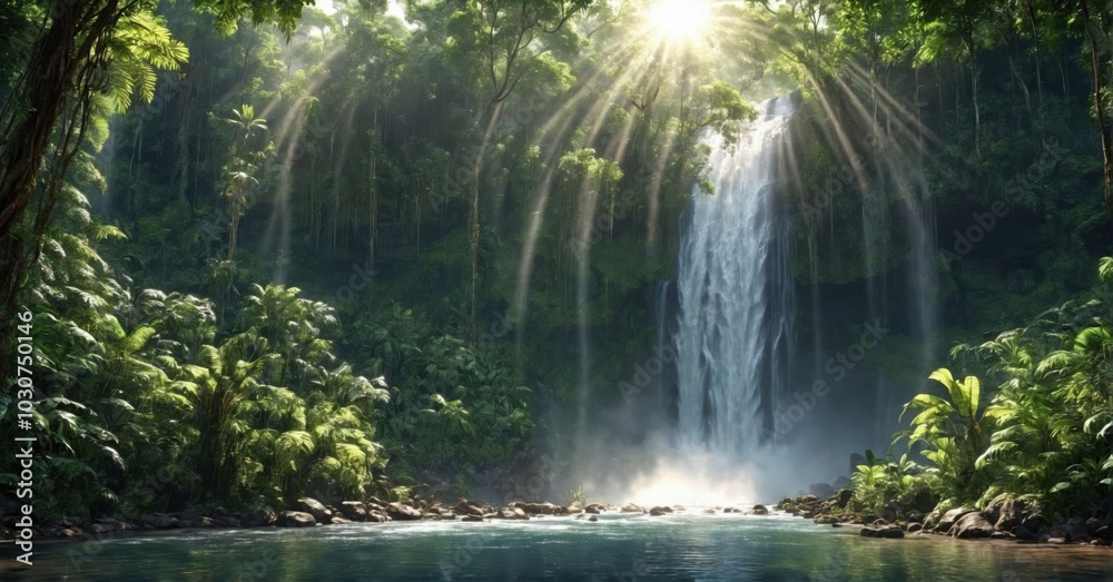 Majestic waterfall in a lush tropical forest, sun rays breaking through the trees Majestic waterfall in a lush tropical forest, sun rays breaking through the trees