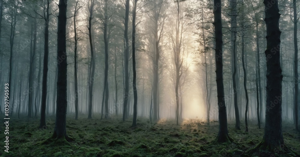 Majestic photo of a foggy forest at dawn