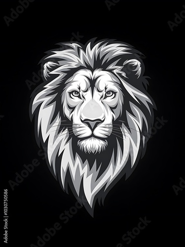 A vector logo style illustration of a realistic sketch of a lion's head with a mane