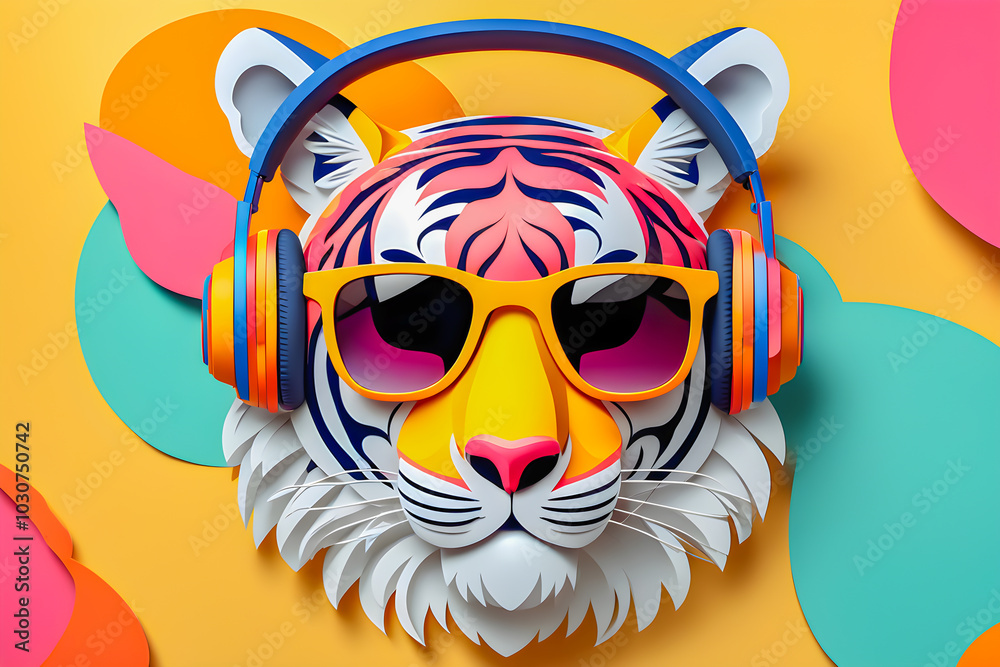 Fototapeta premium illustration of paper art tiger with headphones and sunglasses on the abstract background.