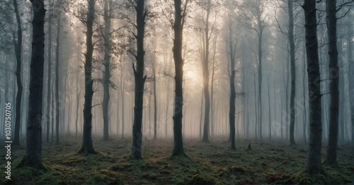 Majestic photo of a foggy forest at dawn