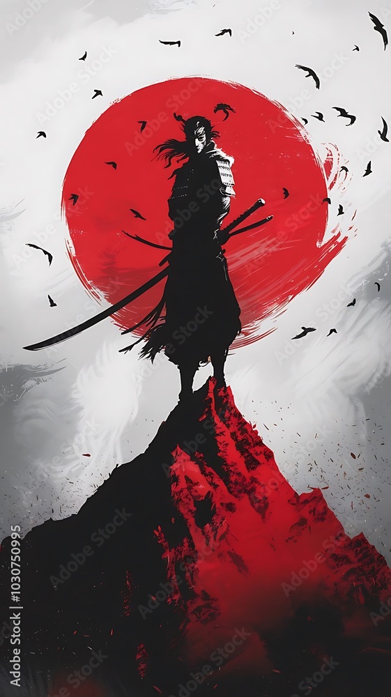 A striking silhouette of a samurai warrior standing defiantly atop a rugged mountain peak. The warrior's posture is fierce, clutching a long, sharp sword that casts a dark shadow. The towering mountai A striking silhouette of a samurai warrior standing defiantly atop a rugged mountain peak. The warrior's posture is fierce, clutching a long, sharp sword that casts a dark shadow. The towering mountai