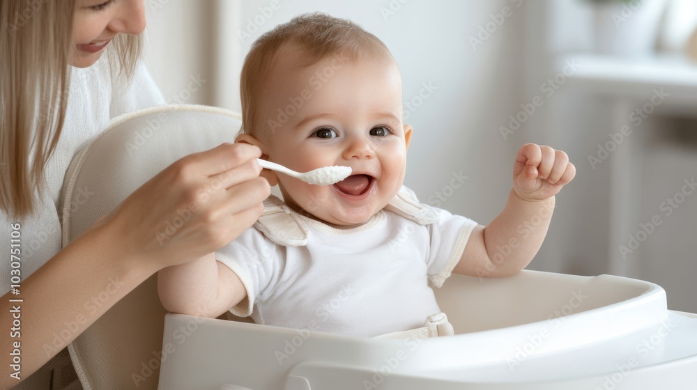 A smiling baby in a high chair being fed with a spoon, showing excitement during mealtime, with a light background.. A smiling baby in a high chair being fed with a spoon, showing excitement during mealtime, with a light background..