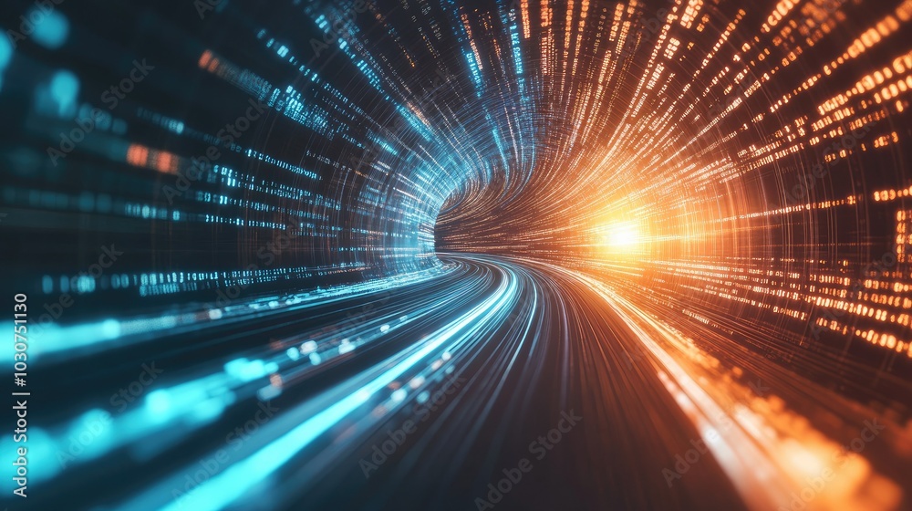 Abstract binary code in a digital tunnel of light representing the speed and complexity of tech processes Abstract binary code in a digital tunnel of light representing the speed and complexity of tech processes