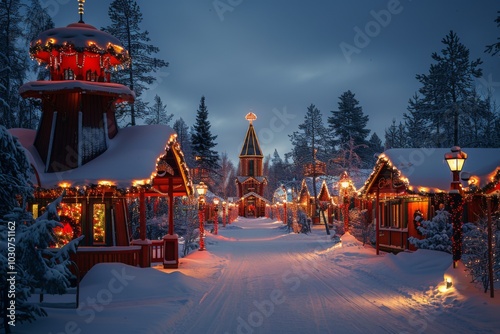 Magical Christmas Lights and Decorations at Santa Claus Village in Rovaniemi, Lapland at Night