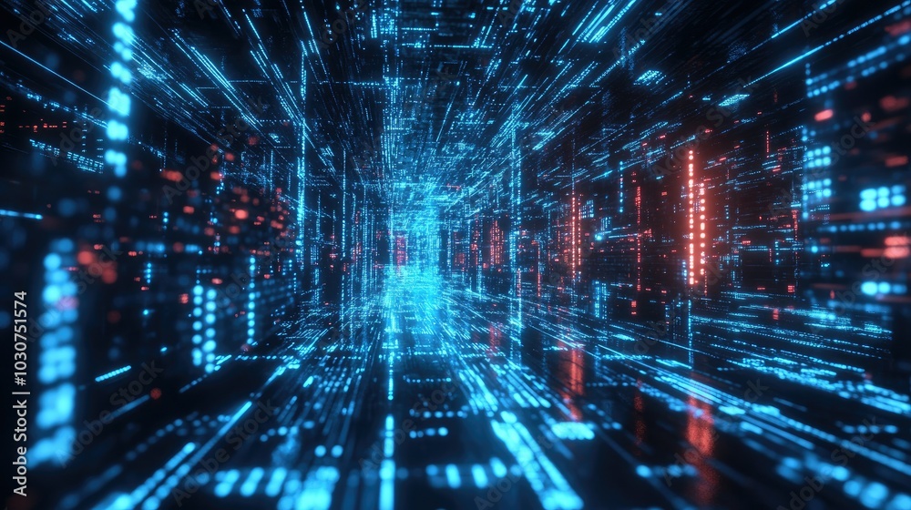 Fototapeta premium Abstract data stream flowing through glowing lines and circuits representing the digital infrastructure of tech