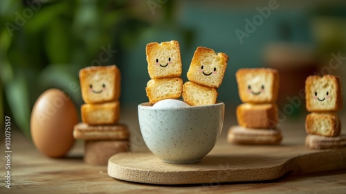 Playful Toast Soldiers Standing at Attention Around Egg