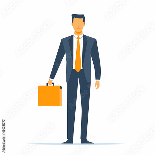 businessman in formal attire stands confidently, holding briefcase. His professional look is complemented by sharp suit and orange tie, conveying sense of determination and success