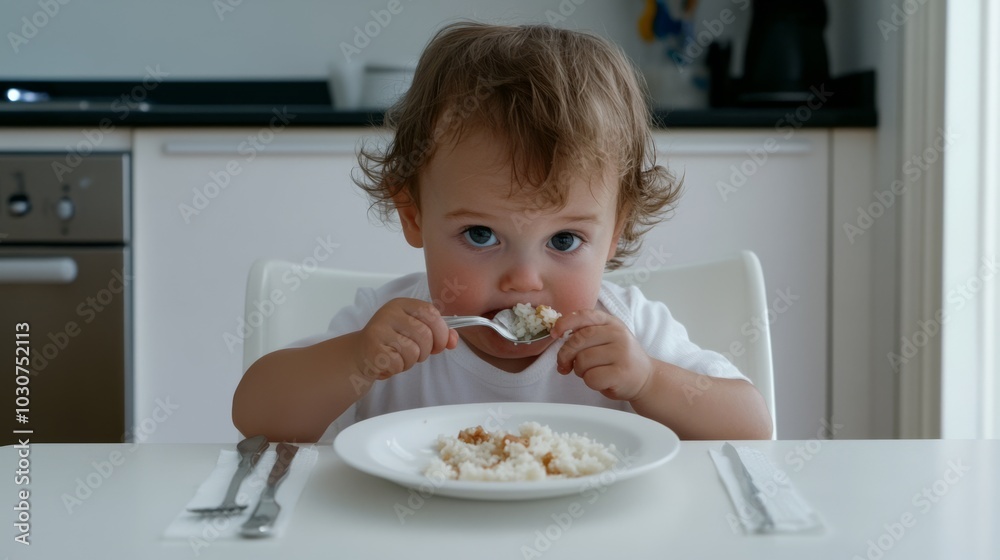 A cute baby sits in a high chair, enthusiastically eating porridge with a spoon, making for an adorable and happy mealtime moment.. A cute baby sits in a high chair, enthusiastically eating porridge with a spoon, making for an adorable and happy mealtime moment..