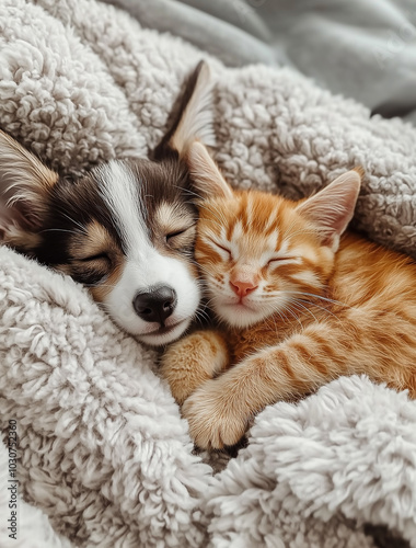 A cute puppy and kitten lying together on a fluffy blanket.