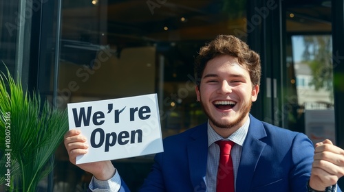 A smiling man in a suit enthusiastically holding a 