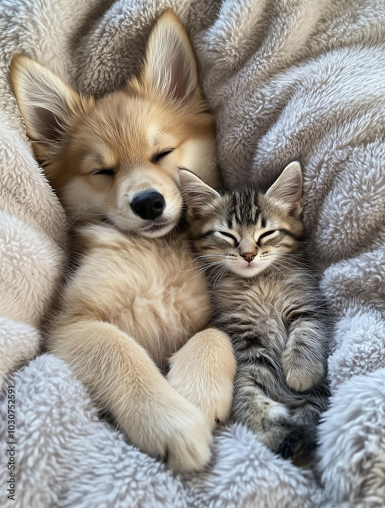 A cute puppy and kitten lying together on a fluffy blanket. A cute puppy and kitten lying together on a fluffy blanket.