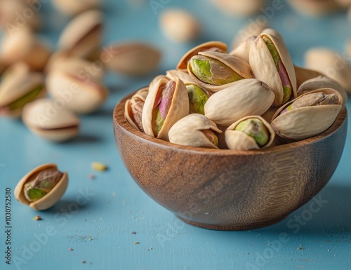 Snack concept with copy space. Close-up of pistachio nuts in a wooden bowl on a light blue table. photo