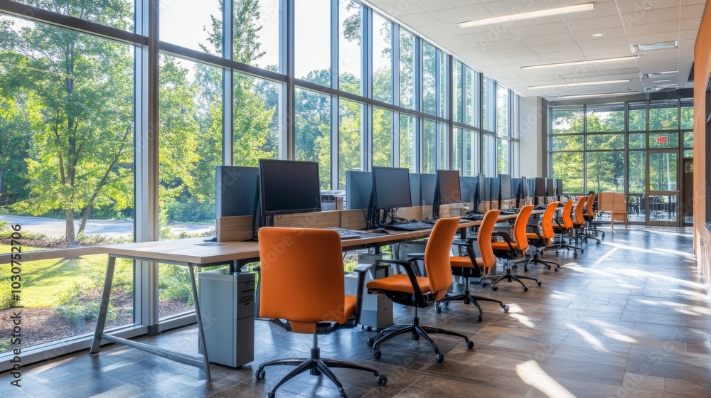 Modern Office Workspace with Computer Stations Modern Office Workspace with Computer Stations