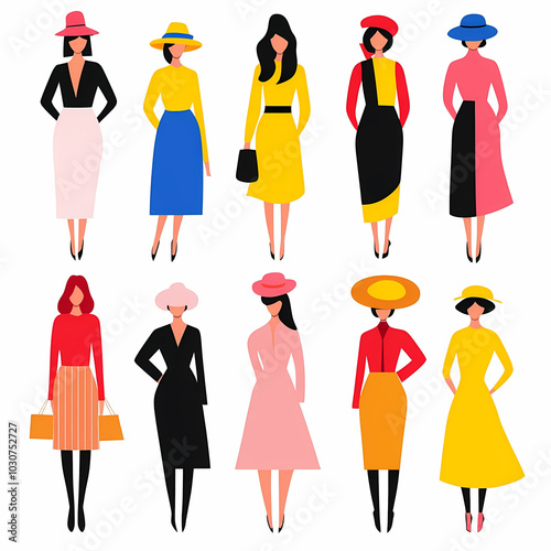 Stylish women in colorful outfits showcase variety of fashion trends, featuring dresses, hats, and accessories. This vibrant illustration captures modern elegance and creativity photo