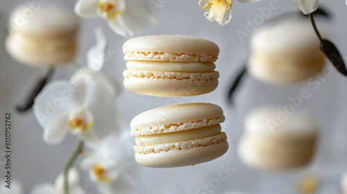 Levitating Vanilla Macarons Over Floral Background