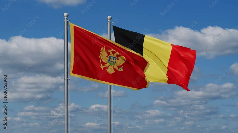 Belgium and Montenegro flags flying together, video concept of the relationship, two country relations concept Belgium and Montenegro flags flying together, video concept of the relationship, two country relations concept