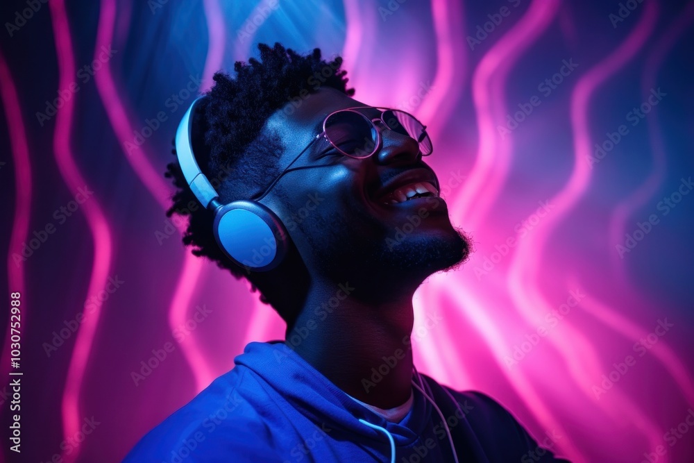 Happy young man headphones portrait headset.