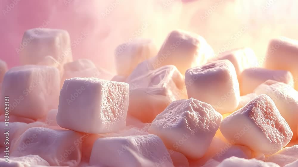 A close-up of soft, fluffy marshmallows surrounded by a dreamy, smoky atmosphere. A close-up of soft, fluffy marshmallows surrounded by a dreamy, smoky atmosphere.