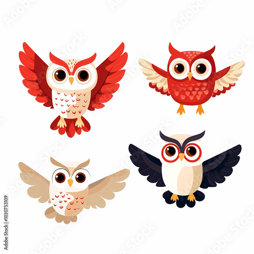 Cute cartoon owl character in multiple angles showcasing vibrant colors and playful designs. These charming owls are perfect for childrens illustrations and educational materials photo