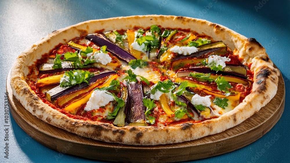 California-style pizza: goat cheese, roasted yellow peppers, grilled eggplants, caramelized onions, Italian parsley, and tomato sauce.