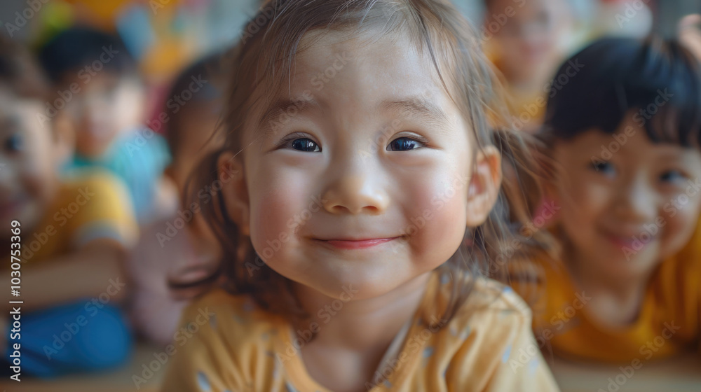portrait of a girl against the background of a group of smiling children in elementary school in a classroom lesson portrait of a girl against the background of a group of smiling children in elementary school in a classroom lesson