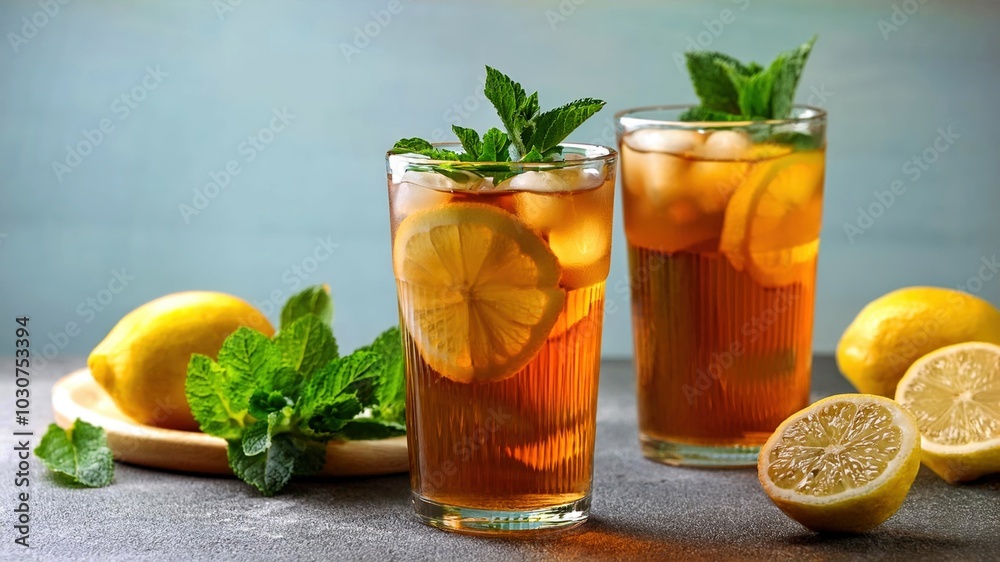 Two glasses of iced lemon tea with mint. Two glasses of iced lemon tea with mint.