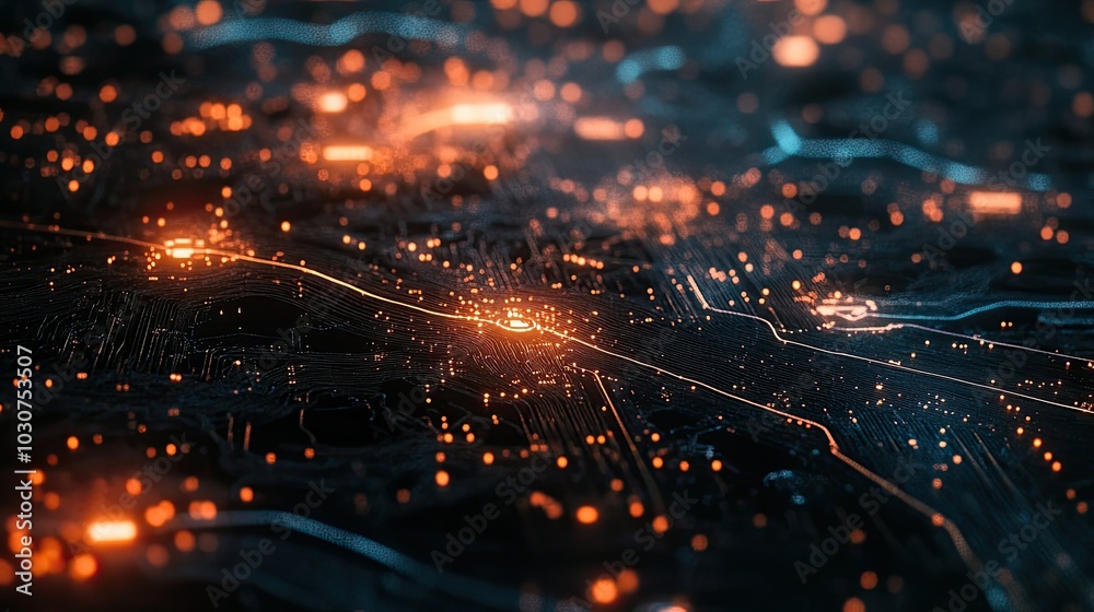 Abstract futuristic mesh of glowing nodes and data pathways representing technological evolution and digital processe Abstract futuristic mesh of glowing nodes and data pathways representing technological evolution and digital processe