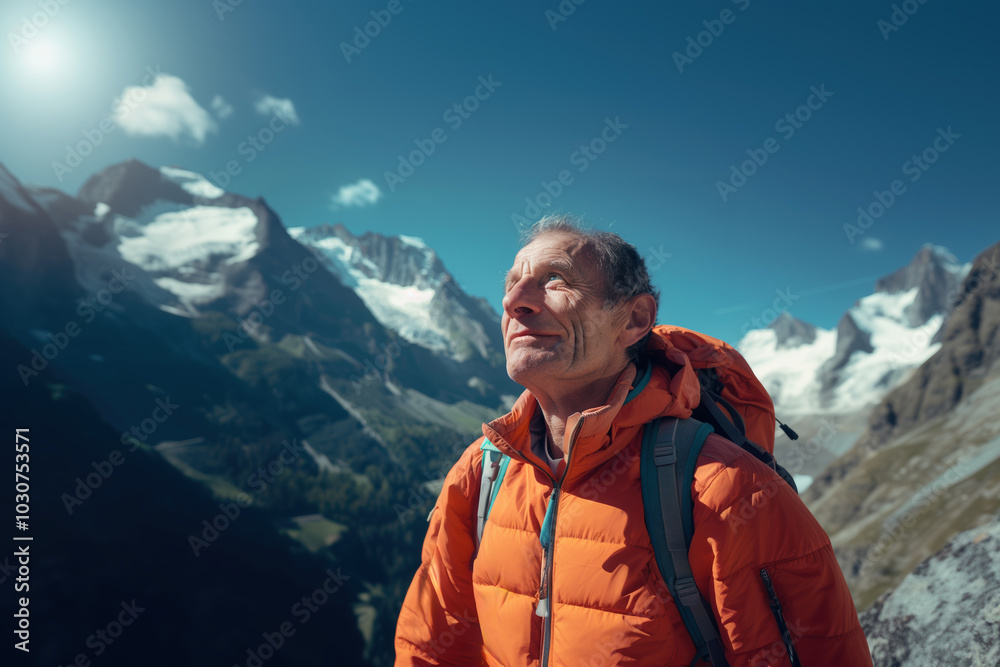 Mature hiker standing in awe of the snow-capped mountain peaks under a clear blue sky, reflecting on the beauty of nature and the sense of accomplishment during an adventure Mature hiker standing in awe of the snow-capped mountain peaks under a clear blue sky, reflecting on the beauty of nature and the sense of accomplishment during an adventure