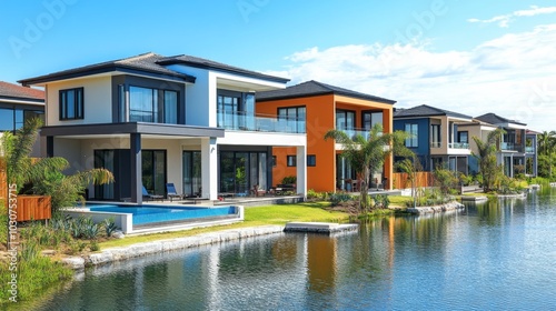 Modern lakefront villas with vibrant facades