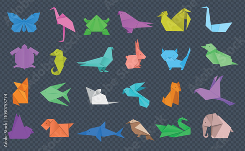 Origami. Animals from paper different geometric shapes crafting templates of elephant dog cat birds and butterfly recent vector set
