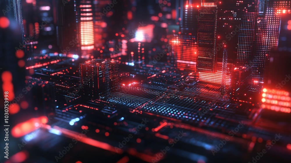 Obraz premium Abstract geometric shapes and digital nodes glowing in a high-tech digital environment representing tech processes