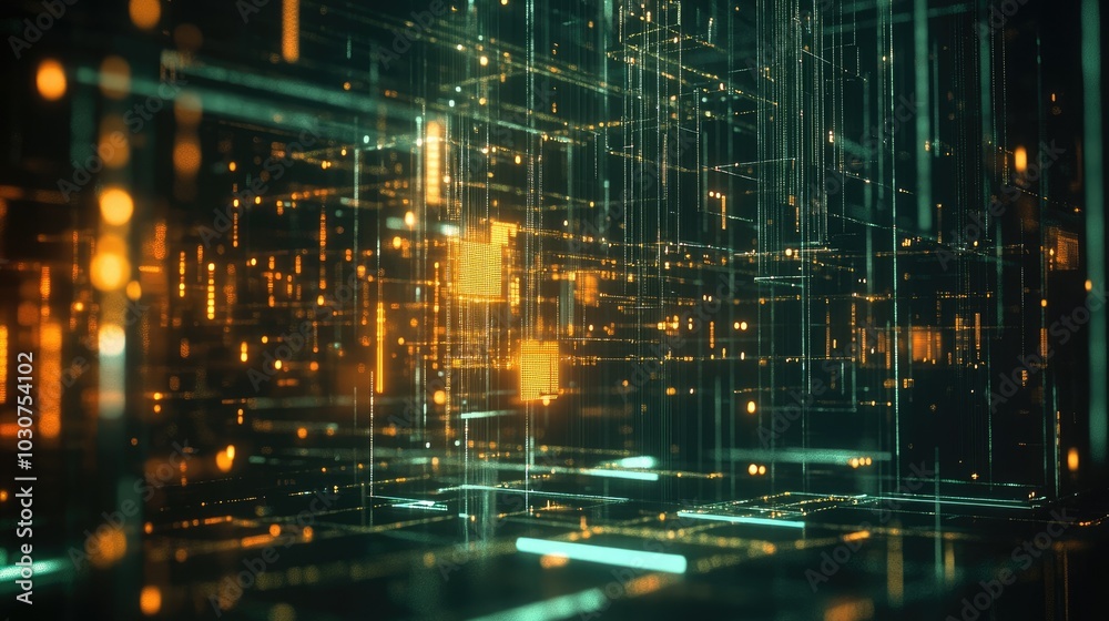 Naklejka premium Abstract geometric shapes and glowing data points representing the flow of information in tech processes