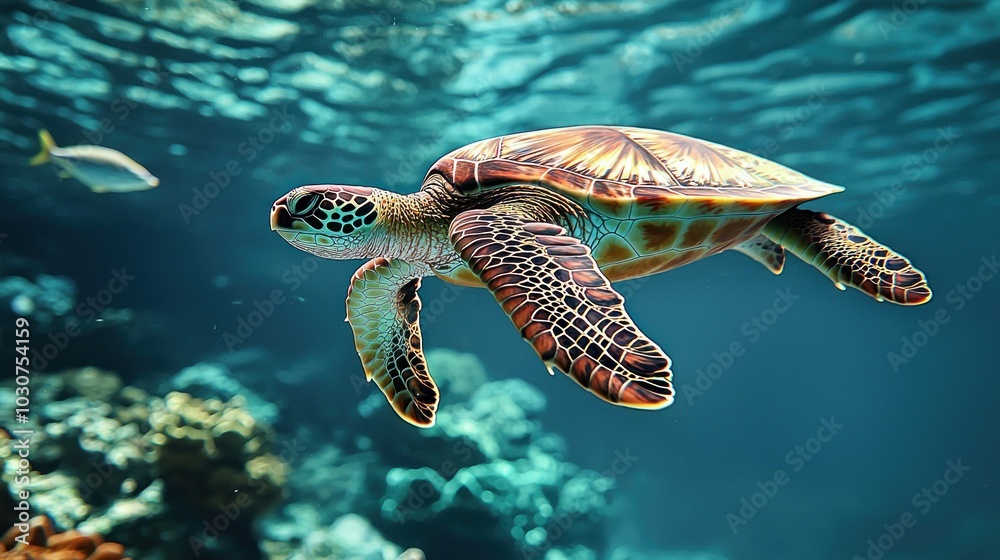 Majestic Endangered Sea Turtle Swimming in Ocean Waters Majestic Endangered Sea Turtle Swimming in Ocean Waters
