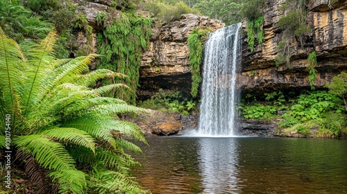 A cascading waterfall plunges into a tranquil pool surrounded by lush ferns and greenery.