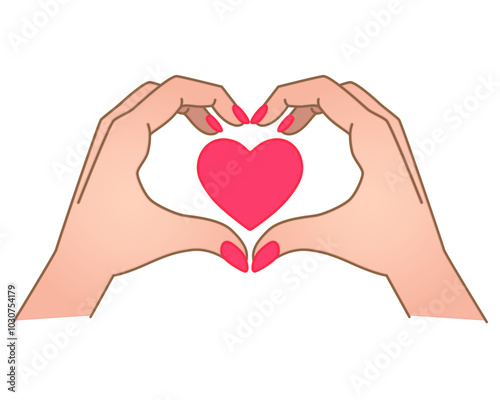 Hands show gesture - heart with heart inside - vector full color illustration. Heart sign shown by hands. Female hands with manicure show heart - Valentine's Day, love	