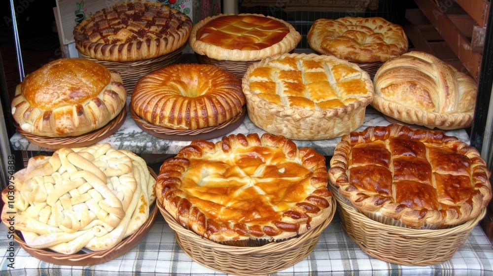 A Variety of Baked Goods Displayed in Wicker Baskets A Variety of Baked Goods Displayed in Wicker Baskets