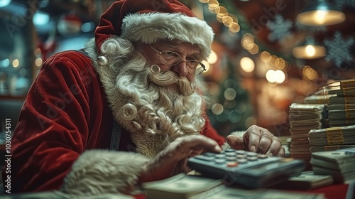 Santa Claus Managing Christmas Budget, Counting Expenses on Calculator with Cash Around Him