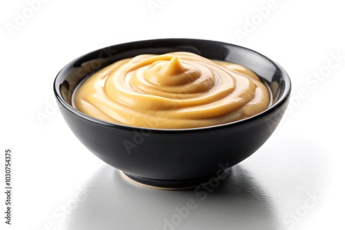 Forced Perspective Creamy Yellow Sauce in Black Bowl on White Background