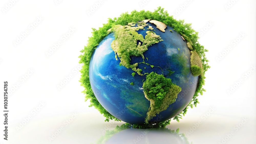 Fototapeta premium Forced perspective earth globe with greenery isolated on white