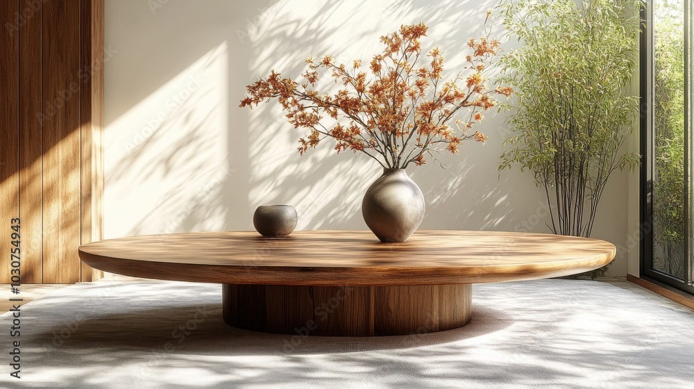Minimalistic Wooden Coffee Table Styled with a Modern Vase for Contemporary Living Spaces Minimalistic Wooden Coffee Table Styled with a Modern Vase for Contemporary Living Spaces