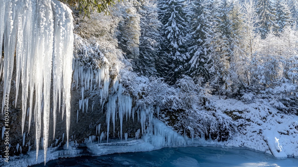 A frozen waterfall cascades into a snow-covered forest, creating a stunning icy landscape. A frozen waterfall cascades into a snow-covered forest, creating a stunning icy landscape.