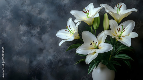 A bouquet of white lilies in a vase against a textured backdrop.