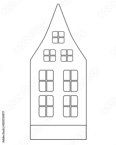 House with basement, windows and attic window - vector linear illustration for coloring. Outline. Cute old Dutch house for coloring book. European classical architecture.	