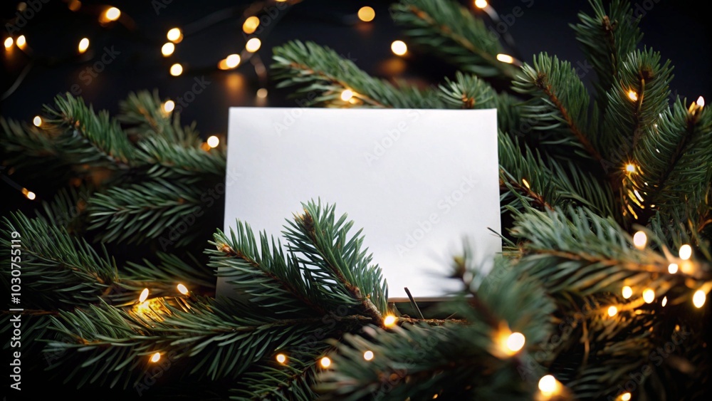 Blank Card Surrounded by Christmas Greenery and Fairy Lights generative ai Blank Card Surrounded by Christmas Greenery and Fairy Lights generative ai